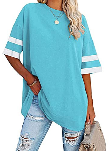 Famulily Short Sleeve Tops for Women UK Soft Casual Crew Neck Oversized Baseball Tshirts Sky Blue XL