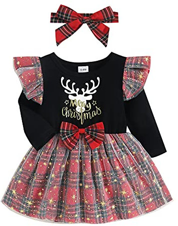 FANCYINN Kleinkind Baby Mädchen Frohe Weihnachten Print Kleid Rot Plaid Brief Langarm Nähen Tüll Tutu Rock + Stirnband Kleidung Outfit 12-18 Monate