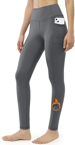 JOYSPELS Womens Fleece Lined Thermal Leggings High Waist Winter Warm Thick Gym Workout Running Yoga Pants for Women with Pockets Grey M