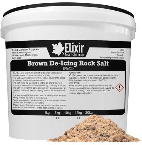 Elixir Gardens Brown De-Icing Rock Salt/Grit | Weights from 5kg-20kg | Ice & Snow Melting De-Icer for Paths & Driveways | Brown 10kg Tub