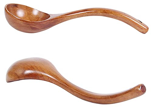 UPTALY 2 pcs Curved Wooden Soup Spoons (10 inch x 3 inch), 100% Natural Wood Ladle, Thicken Ramen Spoons Set, Japanese Tablespoon with Bent Handle, Handmade Server Gravy Ladle, for Non-Stick Cookware