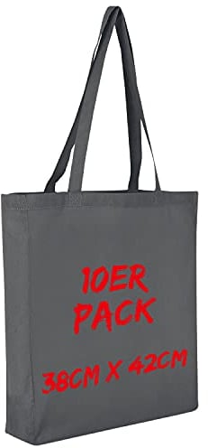 TEXXILLA Baumwolltasche - 10er Pack | Stahlgrau | mit Zwei Langen Henkeln, Boden- und Seitenfalte | 38x42cm | Jutebeutel | Einkaufstasche | unbedruckt
