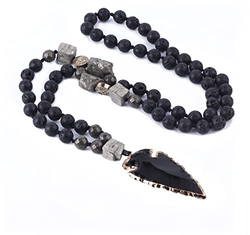 BBYOUTH Natürliche Lavastein Chalkopyrit Kette mit Gungnir Anhänger, Yoga Herren Halsketten Skandinavische Rune Armband Wikinger Schmuck,Gungnir Necklace