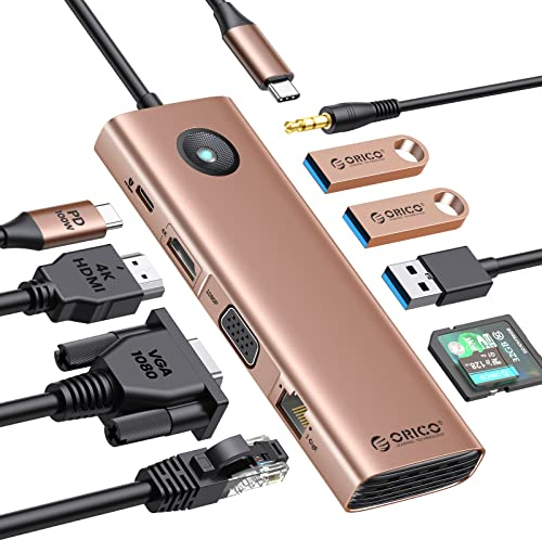 ORICO Docking Station, 10 in 1 USB C Dock mit HDMI 4K, VGA, 3 USB 3.0, PD 100W, SD/TF, 3,5 mm Audio, Gigabit Ethernet, USB 3.0 Hub Unterstützung Dual Monitor, Multiport Adapter für Windows Mac