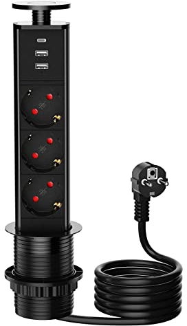 3 Fach Versenkbare Tischsteckdose mit 3 USB-Ladegeräten, 1.8M Kabel für Büroarbeitsplatz, Küchenarbeitsplatte, Schwarz