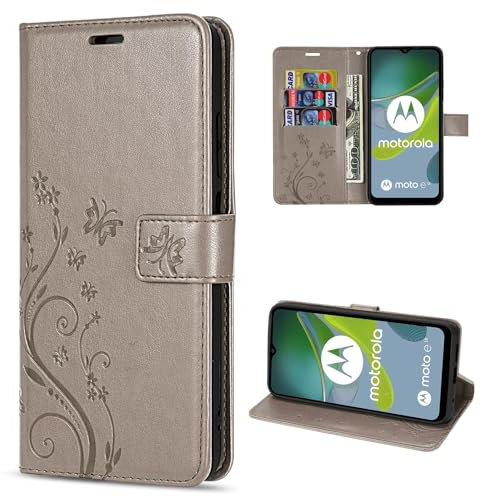 betterfon Hülle Kompatibel mit Motorola Moto E13 | Premium PU Leder Handyhülle Wallet Case für Moto E13 | Schutzhülle Blumen Klapphülle Handyhülle | Grau