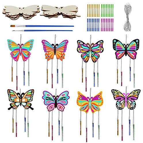 GAROMIA Schmetterling Bastelset Kinder 8 Stück Schmetterling Windspiel Bastelset Kinder Butterfly Holz DIY Butterfly Schmetterlingdeko Windspiel Basteln für Mädchen Kindergeburtstag