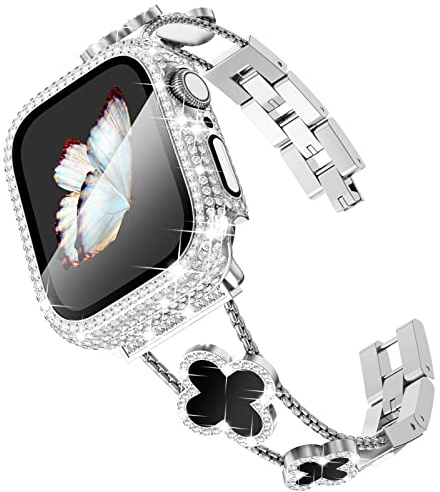 KADES Compatible with Apple Watch Straps 45mm for Women,Bling Diamond Rhinestone Stainless Steel Bracelet with Bling Screen Protective Case for iWatch Series 9 8 7, Silver