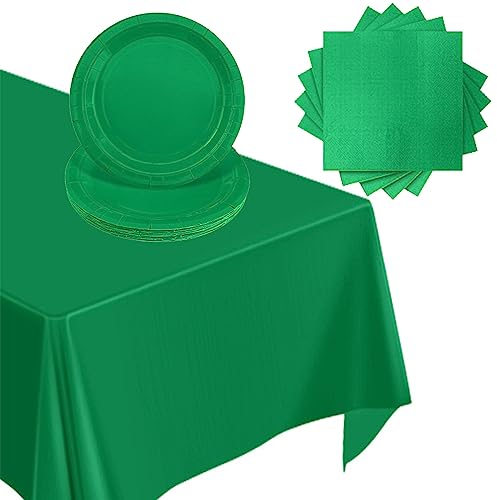 POPOYU Partygeschirr-Set: 37-teilig mit Papptellern, Servietten, Tischdecke - Grün für Kindergeburtstage, Babypartys & Fussball-Partys