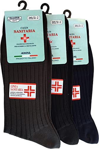 AMAL SOCKS Confezione da 6 paia Calze Sanitarie corte in Cotone Filo di Scozia con Polsino alto a costina raccomandato per favorire la circolazione a compressione Graduata Prodotto Italiano