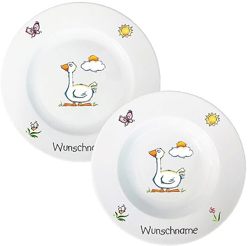 Kindergeschirr Speiseservice 2-tlg. Suppenteller und Speiseteller Kinder Service Set aus Porzellan personalisierbar mit Wunschname Name Kindergeschirr mit Namen personalisiert (Gans)