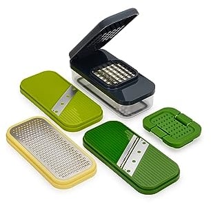 Joseph Joseph Multi-Prep Compact 4-en-1 Coupe Legumes Multifonctions, Hachoir Manuel, Râpe à Fromage, Râpe à Légumes, Mandoline, avec Protège Main et Boîte alimentaire, Accessories de Cuisine