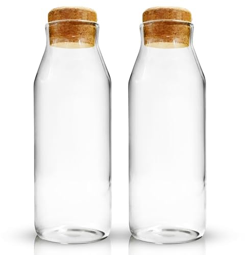 Volila 1000ml Glass Carafe with Cork Lid - Bedside Water Carafe for Cold Drink, Milk, Juice Jars - Versatile Glass Bottles for Detergent Storage (2 Pack)