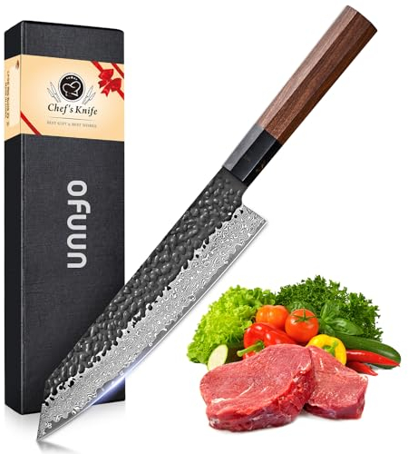 oFuun Couteau Japonais Damas, 20cm Couteau de Kiritsuke Professionnel, Couteau Cuisine en Acier à Haute Teneur en Carbone VG10, Manche en Bois de Rose et Coffret Cadeau BJ0
