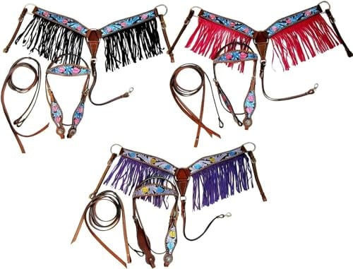 EQUIGEAR Western-Leder-Set mit handgefertigtem Kopfstück und Vorderzeug mit Zügeln. /Size-Full,Cob,Pony AO-0077 (Cob, Black)