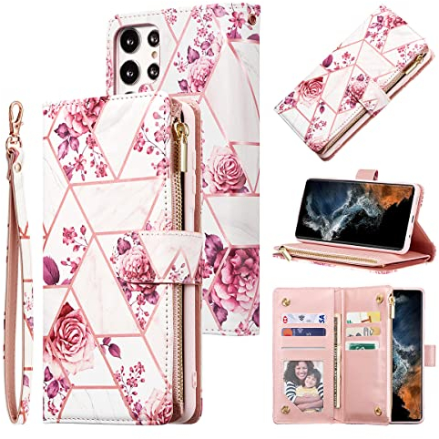 UEEBAI Coque pour Samsung Galaxy S24 Ultra 5G, Etui en Cuir PU Portefeuille Rétro Antichoc Flip Case Housse avec Fentes de Cartes Fonction Support, Fermeture Magnétique - Rose Gold