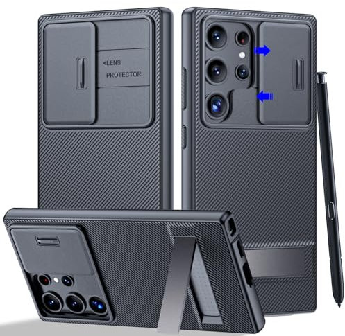 Vizvera for Samsung Galaxy S24 Ultra Case with [Kickstand] [Sliding Camera Cover] Military Drop Protection Anti-slip Slim fit, Silicone Shockproof Wireless Charging Case for S24 Ultra 2024 6.8, Black