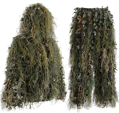 EAmber Ghillie - Traje de caza con pantalones de camuflaje de hojas 3D, ropa ligera para jóvenes y adultos, ropa ligera para jóvenes y adultos (bosque de hojas verdes, altura 4.9-5.9 pies)