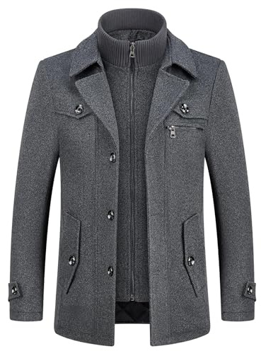 KUDORO Abrigos de lana para hombre, abrigo corto acolchado de invierno para uso casual de negocios, mezcla de lana gruesa, abrigo con cuello interior extraíble