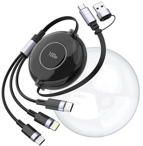 100W 3in1 Multi Charging Cable Retractable USB C Universal iPhone Charging Cable for Travel Fast Charger Type C 100W+27W Lightning+Micro USB Charging Cord for iPhone 15,14,Samsung,Pad, Kindle-Black