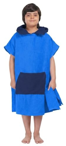 ALLEN & MATE 100% COTON Serviette de plage poncho pour enfants - Peignoir de bain surdimensionné à séchage rapide avec capuche et poche pour garçons et filles (10-13 ans, Bleu roi/Bleu marine)