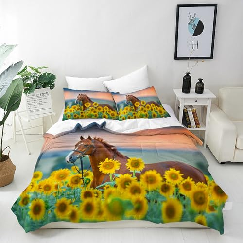 ANHOPE Pferd & Gelbe Sonnenblume Bettwäsche Set 3 Teilig Bettbezug 155x220 cm + 2 Kissenbezug 80x80 cm Weich Microfaser Bettbezüge Set mit Reißverschluss Ganzjahres Bettdeckenbezug Set