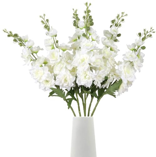 Rzoukler Künstliche Ritterspornblumen, 6 Stück, weiße Rittersporn, Seidenrittersporn, 75 cm langer Stiel, künstliche Blumen für hohe Vasen, Hochzeiten, Blumenarrangements, Tischdekoration für Zuhause,