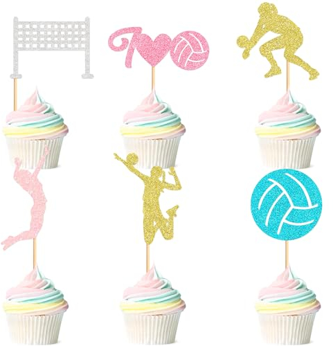 Cyodoos 24pcs Beach Volleyball Cupcake Toppers - Sport Theme Decor Supplies with Volleyball Player & Ball Cupcake Picks for Birthday Celebration