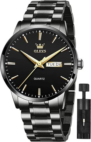 OLEVS Herren-Armbanduhr, Edelstahl, wasserdicht, Datum, analog, Quarzuhr, klassisches Luxuskleid, leuchtendes Gold/Schwarz/Blau/Weiß, Zifferblatt für Herren, G6898: schwarzes Armband und schwarzes