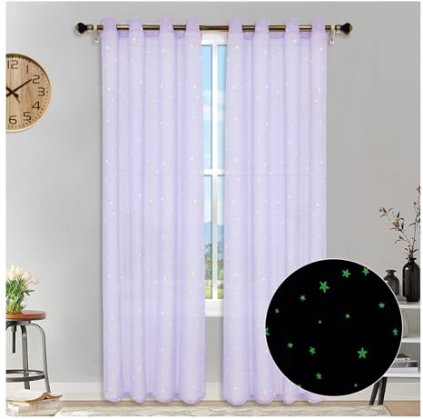 HonunGron 2 Stück Sterne Vorhang Verdunklungsvorhänge, Im Dunkeln leuchtende Sternvorhänge, Halbtransparent Sterne Vorhänge mit Ösen für Kinderzimmer Wohnzimmer Schlafzimmer (Lila,243 X 132cm H x B)