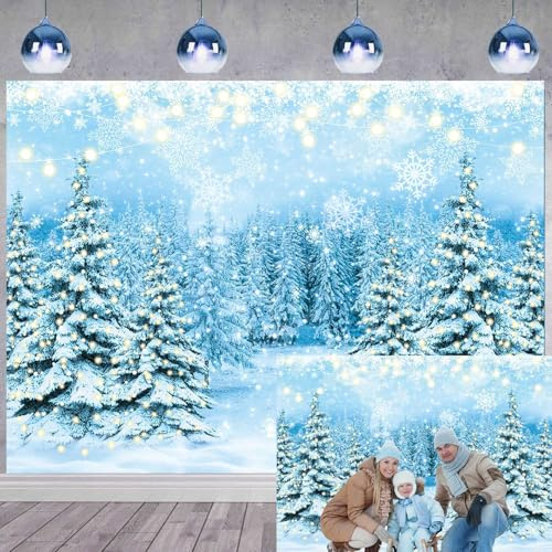 Winter Wald Fotografie Hintergrund - Glitter Verschneite Kiefer Szene für Weihnachten, Feiertag, Glückliches Neues Jahr Party Dekoration Banner 7X5FT | 2,1 x 1,5 m Winter-Fotografie-Hintergrund, blaues Wunderland, Schneeflocken-Szene, Party-Dekor-Banner