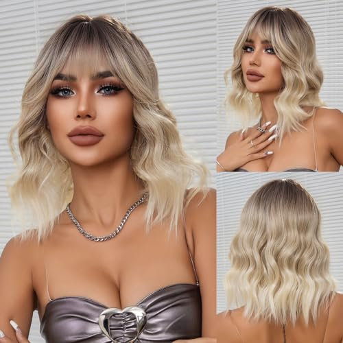 Esmee Kurze Gewellte Ombre Blonde Bob Perücken mit Pony Schulterlänge Natürliche Perücke Synthetisch Tägliche Party Cosplay Perücken für Frauen