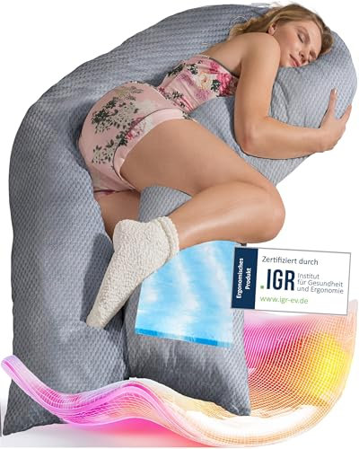 Traumreiter Seitenschläferkissen Visco XXL Professional mit Bezug Grau Deluxe, Hybrid Wendekissen + 1cm Memory Foam, U Form Schwangerschaftskissen Body Pillow Komfortkissen, Ergonomie Zertifiziert
