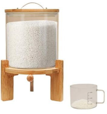 KUANGGE Distributeur de céréales Contenants de Stockage de céréales Distributeur de Riz en Verre Récipient hermétique pour céréales et Farine avec Couvercle scellé Support en Bois Tasse à mesurer Di