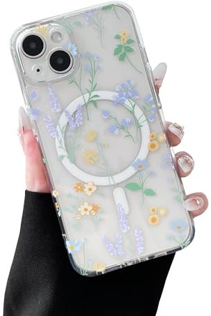 RALEAVO Magnetisch Hülle für iPhone 15 6,1 Zoll Kompatibel mit MagSafe Kabellosem Laden, Silikon Niedlich Blumen Hülle Transparent Stoßfest Schutzhülle für iPhone 15-Lavendel
