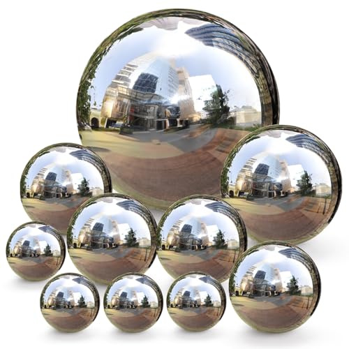 yarlung Set of 10 Stainless Steel Gazing Balls, 50-150 mm Garden Mirror Globe Floating Pond Sphere, Silver Polished Hollow Ball Reflective Ornament for Home Yard Outdoor Lawn Decoration
