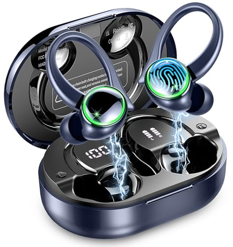 Wireless Earbuds, Bluetooth 5.4 Headphones, 50H+ Playtime Stereo Noise Canceling Headphones with 4 ENC Mic, Sport Ear buds with Earhooks, IPX7 Waterproof Wireless Earphones for Sport/Running/Gym