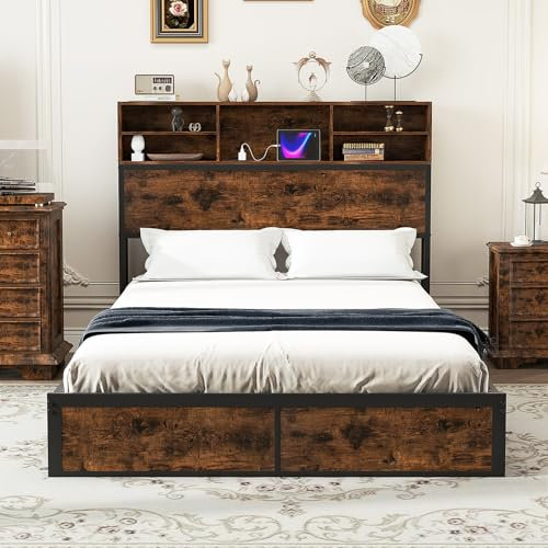 COSTWAY Bett mit Ladestation, 140x200cm, Kopfteil mit Stauraum, Bettgestell mit Lattenrost, Bettrahmen, Doppelbett, Metallbett ohne Matratze, Industrie-Design, Rustikales Braun