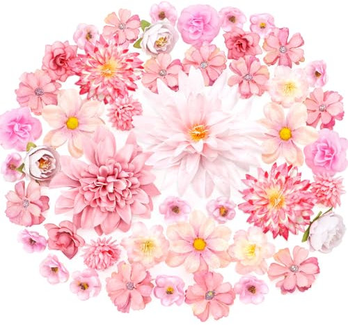 MOTONG 50 Stück Kunstblumen zum Basteln Rosa Künstlich Blütenköpfe, Künstliche Blumen Seidenblumen for Home Decor Brautstrauß Blumen Deko Kunstblumen Hochzeitsdeko Tisch Party Valentinstag
