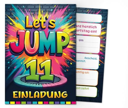 12 Einladungskarten zum 11. Kindergeburtstag Jump Party Jungen Mädchen Kinder coole bunte Einladungen elfte Geburtstag Geburtstagseinladungen Kids