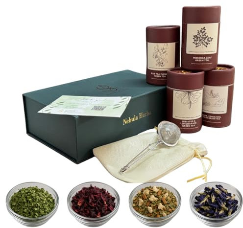 Premium STGFOP Grade Green Tea Gift Box - 4 Flavours: Blue Pea Flower, Ginger Cinnamon Tulsi, Moringa, Hibiscus Lemongrass - 400g Net weight, Includes Tea Infuser - Luxurious Packaging for Gifting