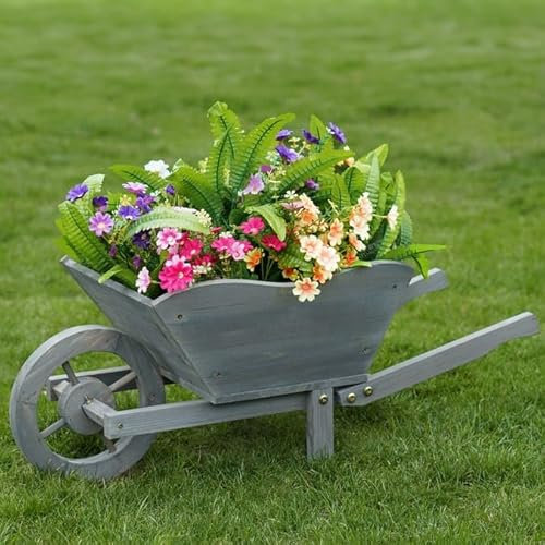zeeyrak Wooden Garden Wheelbarrow Planter – Rustic Wheelbarrow Plant Pot, Fir Wood Outdoor Flower Planter, Decorative Garden Wheelbarrow (Grey)