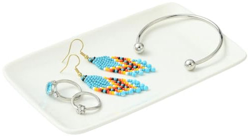 Beebeecraft Bandeja Rectangular de Cerámica Blanca de 6x3.6 pulgada para Guardar Joyas Exhibir Collares Pendientes Anillos Pulseras Y