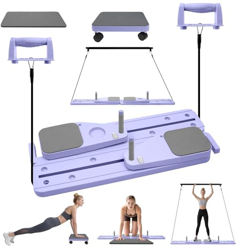 Pilates Reformer Board, 6-in-1 Faltbarer Pilates Reformer Maschine Set mit Auto-Rebound, Widerstandsbändern, Liegestützstange, Timer & Kniepolster für Anfänger & Profis