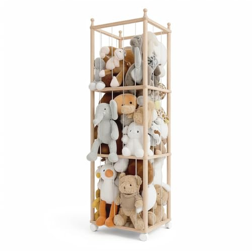 Wonder Space Wooden Stuffed Animal Storage Rack with Wheels, 54 Tall Toy Organizer for Kids Room, Safe & Eco-Friendly Plush Holder Shelf for Toddlers & Babies
