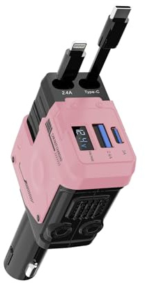 4 in 1 Zigarettenanzünder USB C 66W Einziehbares Auto SchnellLadegerät Adapter, Personalisierte Geschenke für Männer Frauen, 24/12V Auto Zubehör Camping Gadget für iPhone 17 Pro Max Air, Rosa