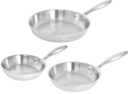 TeCuisine - Lot de 3 Poêles Inox 18/10 Triply – 20 cm – 24 cm – 28 cm – Sans Revêtement – Sans PFAS, PFOA, PTFE – Compatible Tous Feux Dont Induction – Manche Riveté Froid – Cuisson Saine et Durable