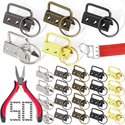 Schlüsselanhänger Rohlinge, Metall Verstärkte Schlüsselband Rohlinge | 50 Lanyard Blanks mit 1 Schmuckzange, für Schlüsselanhänger DIY, Gepäckgurte und Anhänger (5 Farben、32MM)