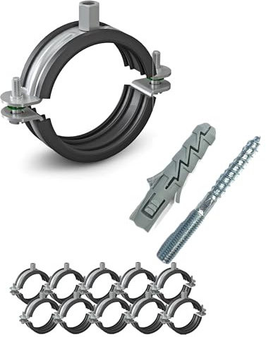 10 Stück Rohrschellen 2” 59-64mm | Rohrschellen Set | Schraubrohrschelle | mit Dübel | Stockschraube | Stahl verzinkt mit Gummidichtung | Rohrhalterung | Rohrhalter