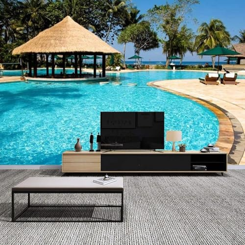 Tzxztt Schwimmbad Freizeit Urlaub Strand Bäume Gartenlaube 3D Tapete Hochwertige Strukturierte Seide Neutrale Material Ideal Für Wohnzimmer Schlafzimmer-430cm×300cm